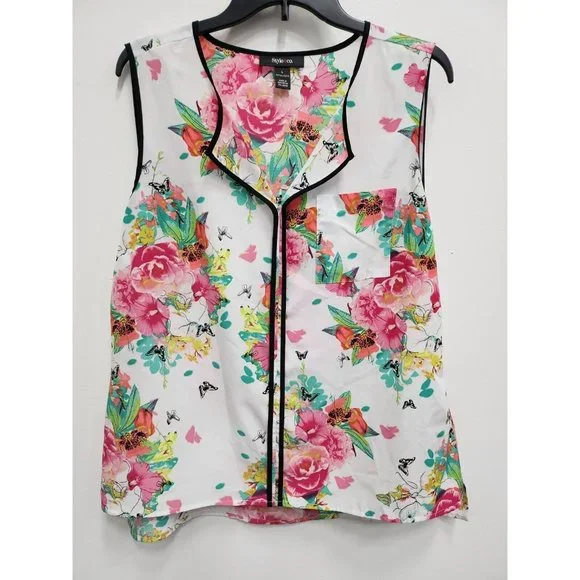 Style & Co Women Sleeveless Blouse Large White Plink Floral Popover Top - Picture 1 of 8